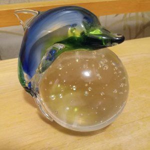 Murano style glass blue Dolphin on clear bubble glass orb accent piece